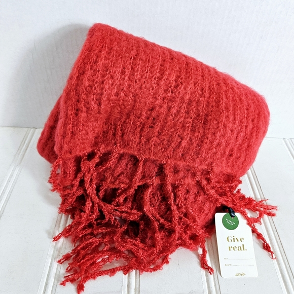 aerie Accessories - Aerie Blanket Scarf Womens Red Boucle Fringe Wrap Real Good Winter Cozy